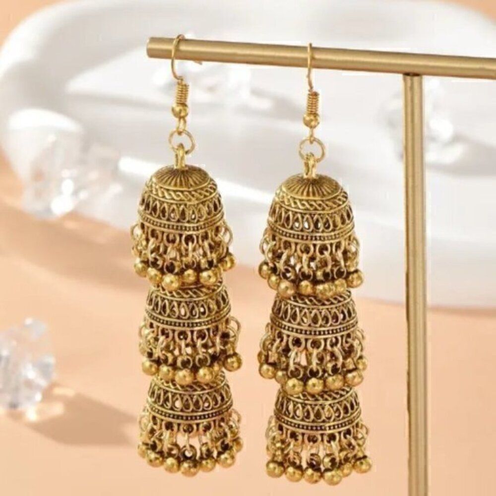 Gold 3bell Pendant Retro Bollywood Style Dangle Earrings Alloy Jewelry Exquisite